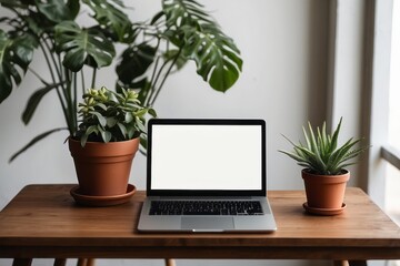 Wooden table with laptop blank white screen, complemented by a vibrant potted plant