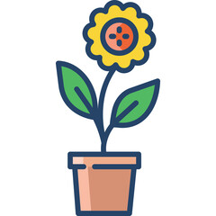 Isolated Yellow Sunflower Plant in a Terracotta Pot with Green Leaves and a Blue Stem on a Transparent Background