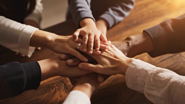 Diverse group of people stacking hands together in a powerful display of unity and teamwork.