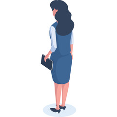 Isometric Full Body View Of A Woman In A Blue Vest And Skirt Holding A Folder On A Transparent Background