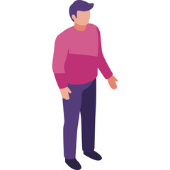 Isometric illustration of a person in a pink and purple sweater and blue pants standing against a white background with a transparent background effect