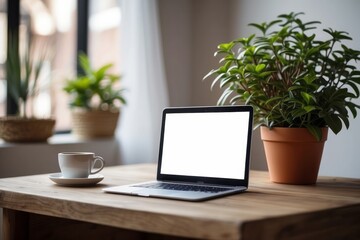 Wooden table with laptop blank white screen, complemented by a vibrant potted plant