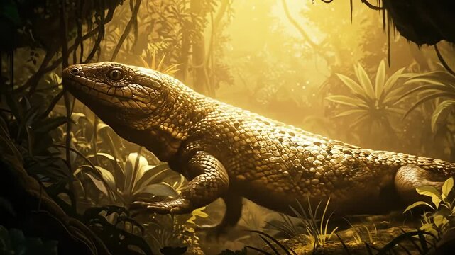 Large scaled lizard basks in warm sunlight of a dense and lush golden jungle