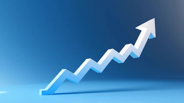 A white zig-zag arrow, symbolizing growth, ascends diagonally on a blue gradient background