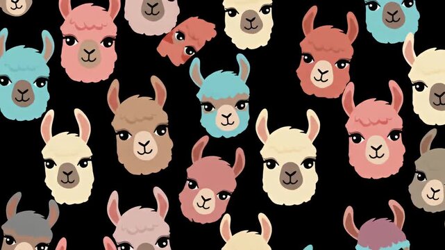 Pattern of colorful llama heads with simple cartoon expressions on black background