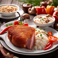 Appetizing meat dish with rice, vegetables, and creamy sauce served on a rustic table. Ideal for restaurant menu or food advertisement.