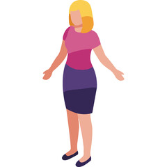 Isometric view of a woman with blonde hair wearing a pink and purple top and a blue skirt standing with open arms against a white background