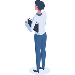 Isometric View Of A Person Holding Two Books Standing Against A White Background With Blue Pants And White Shirt