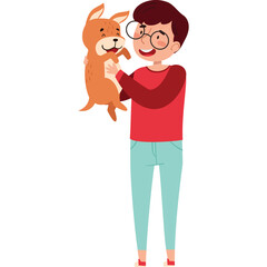 Joyful boy wearing glasses holding a happy dog with a red shirt and light blue pants on a transparent background full body shot vector illustration