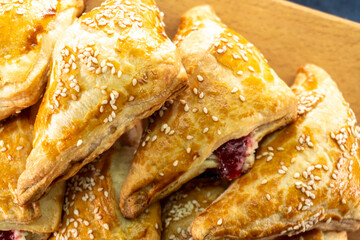 Puff pastry triangles with jam. Baking. Food concept.