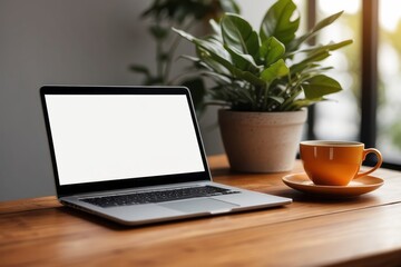 Wooden table with laptop blank white screen, complemented by a vibrant potted plant
