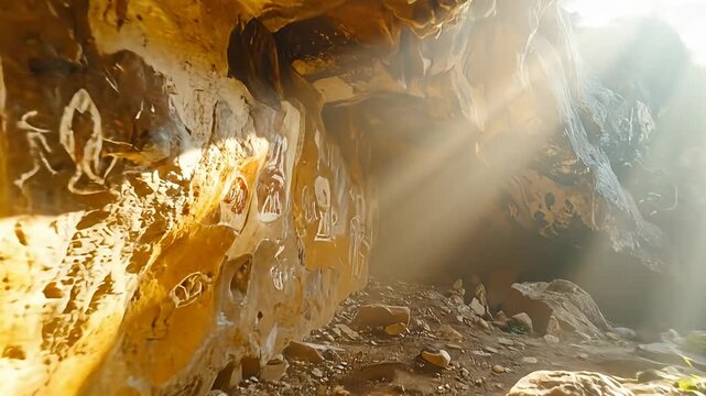 Cave drawings line rocky wall bathed in sunlight, with a rocky floor and cavernous ceiling