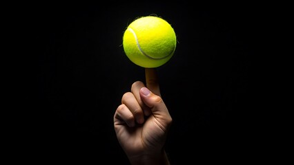 Hand balancing tennis ball on finger against dark background
