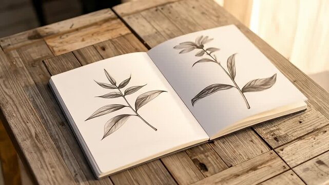 Open sketchbook with botanical drawings on a rustic wooden table top in soft lighting