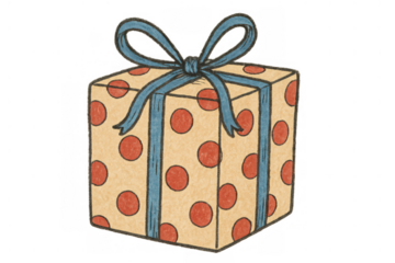 Gift box with polka dot wrapping paper and blue ribbon bow, offering presents for celebration and special occasions