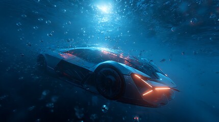Obraz premium futuristic amphibious car underwater, glowing lights, marine sci-fi environment, electric design, cinematic underwater view