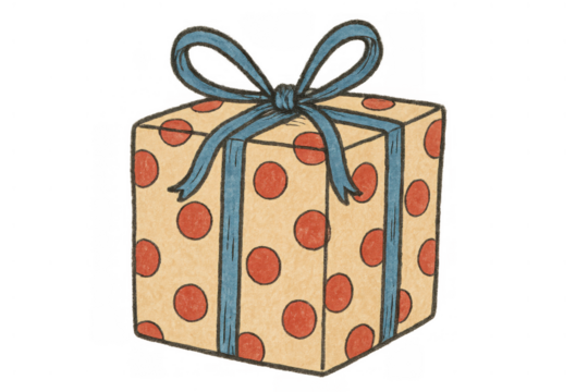 Gift box with polka dot wrapping paper and blue ribbon bow, offering presents for celebration and special occasions - Powered by Adobe