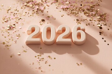 Bright golden confetti scattered around the year 2026 displayed on a smooth pastel surface for a festive New Year's celebration