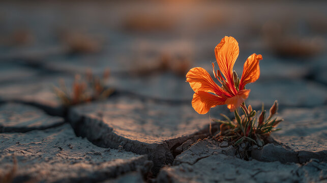 Single orange blossom on parched ground perseverance idea