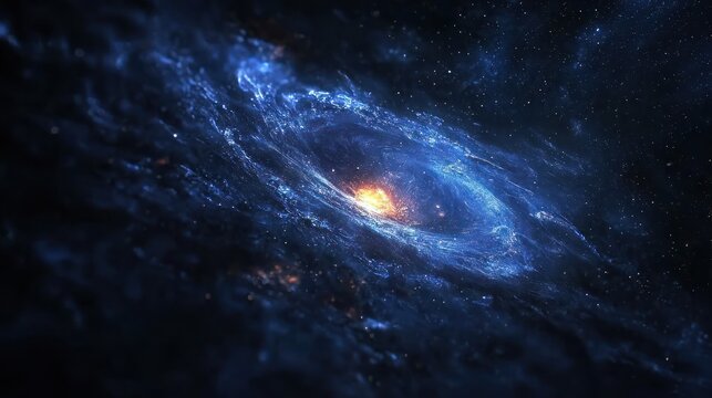 A vast, dark blue spiral galaxy with a bright orange core, surrounded by a ring of stars and gas clouds, set against a backdrop of countless stars and nebulae. - Powered by Adobe