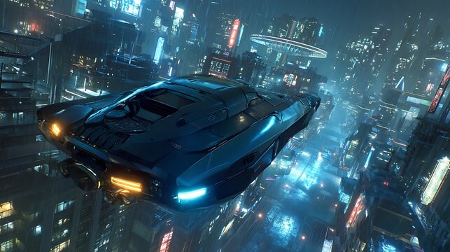 futuristic hover car flying above neon cyberpunk city, glowing lights, sleek metallic body, high-tech reflections, cinematic lighting