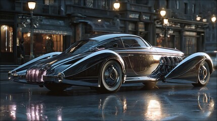 retro-futurism car, chrome finish, vintage meets sci-fi, cinematic lighting, elegant curves, art deco influence
