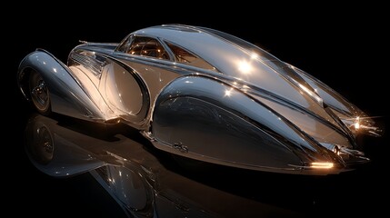 retro-futurism car, chrome finish, vintage meets sci-fi, cinematic lighting, elegant curves, art deco influence