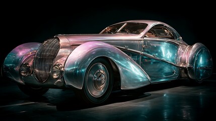 retro-futurism car, chrome finish, vintage meets sci-fi, cinematic lighting, elegant curves, art deco influence