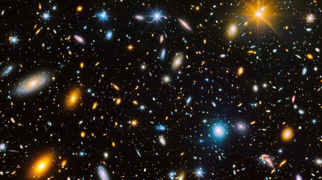 A vast expanse of space filled with galaxies, stars, and nebulae, with a few distant galaxies and stars visible in the background. 