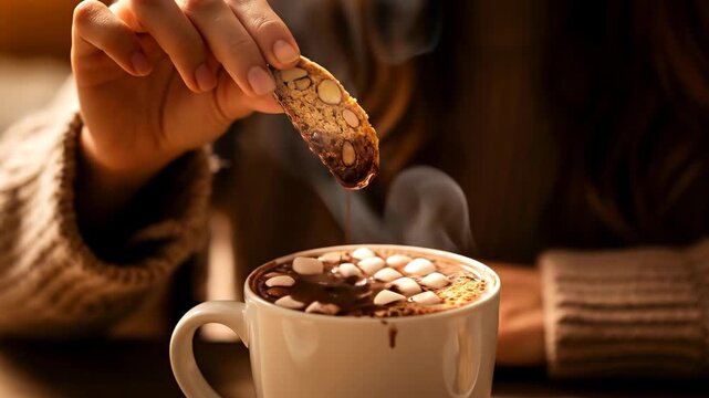 Woman enjoying a hot chocolate drink with marshmallows, dipping a biscotti cookie into the beverage. footage