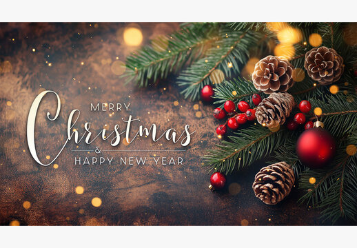 Christmas Card With Decorations On Wooden Background Mockup