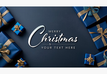 Christmas Card With Blue And Gold Gifts On Dark Background Mockup