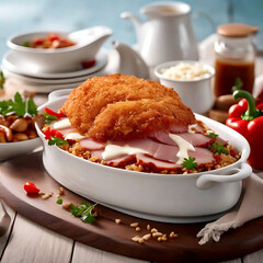 Appetizing meat dish with rice, vegetables, and creamy sauce served on a rustic table. Ideal for restaurant menu or food advertisement.