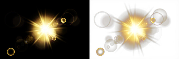 Bright golden light burst overlay with soft bokeh effects on black and white backgrounds, ideal for enhancing designs and creating visual interest in various projects