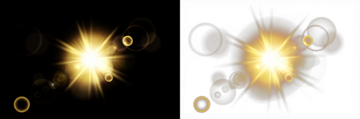 Bright golden light burst overlay with soft bokeh effects on black and white backgrounds, ideal for enhancing designs and creating visual interest in various projects