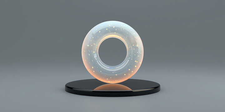 Translucent glowing ring with sparkling particles on a modern pedestal