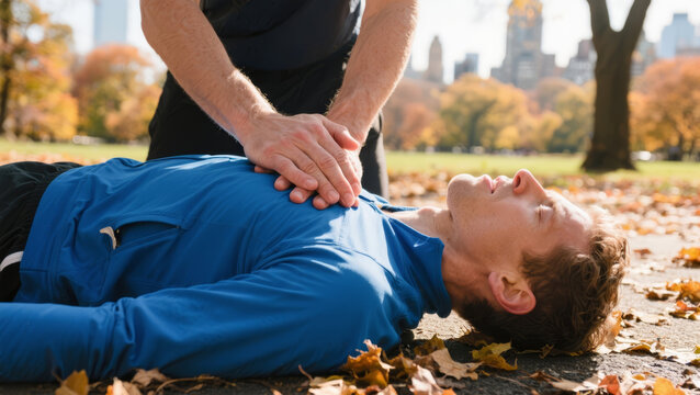 Man receiving chest compressions in a park during autumn.