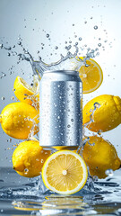Blank canned beverage : Refreshing Lemonade Splash with Fresh Lemons and a Cold Soda Can Summer Drink