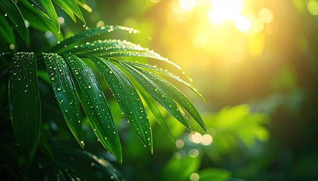 Close up of vibrant green palm fronds glistening with water droplets bathed in warm golden sunlight creating a serene tropical atmosphere with soft bokeh background