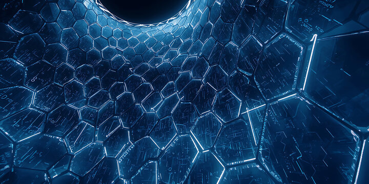 Futuristic blue hexagonal tunnel glowing with digital data abstract background