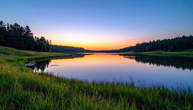 Serene lake reflects warm orange and purple sunset sky with silhouetted pine trees lining the distant shore and wildflowers blooming in the foreground grass - Powered by Adobe