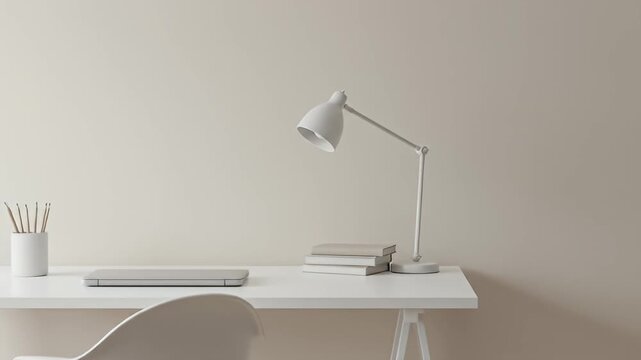 Minimalist workspace setup with a white desk, lamp, books, laptop, and chair