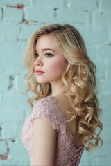 Fototapeta premium Portrait cutout studio shot of female elegant fashion model with blonde hair in pink dress standing posing on gray background