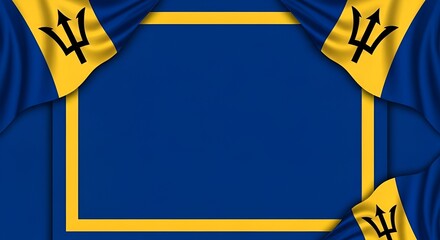 Barbados flag borders and yellow frame on blue background, graphic design with copy space