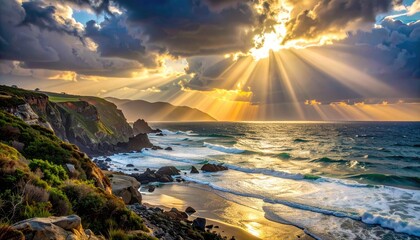 Dramatic Sunbeams Pierce Stormy Clouds Over a Rugged Coastal Landscape at Golden Hour