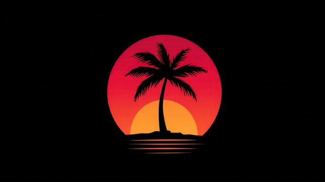 Sunset over a tropical island with a palm tree silhouetted against a colorful sky