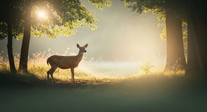 Sunlit forest encounter: A deer stands serenely amidst morning's gentle haze