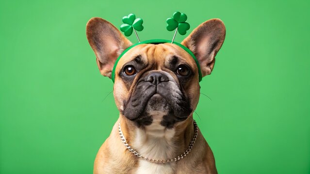 Cute dog wearing shamrock headband on green background celebrating st patrick concept