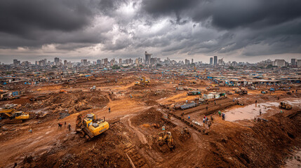 Urban construction site with heavy machinery working on excavated dirt land under dramatic cloudy sky with high-rise city skyline in the background and people walking in dusty open area