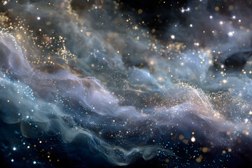 starlight particles drifting around glowing smoke edges creating a dreamy galaxy themed abstract layout